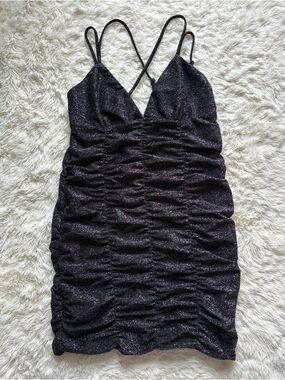 wild fable Black Glitter Ruched V-Neck Mini Dress
